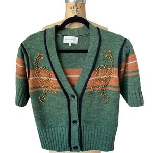 Sylvan Heach Short Sleeve V Neck Cardigan with Rhinestones size M